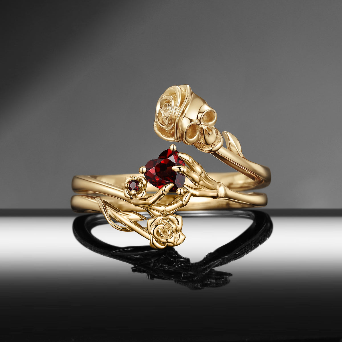 'Skull in Bloom' - Gothic Heart Cut Garnet Thorns & Roses Engagement Ring Set