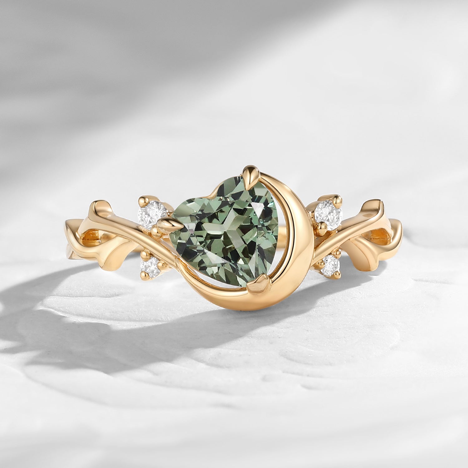 'Moonlit Embrace' - Nature Inspired Heart Lab Grey Green Sapphire Infinity Crescent Moon Engagement Ring with Twisted Vine-inspired Band