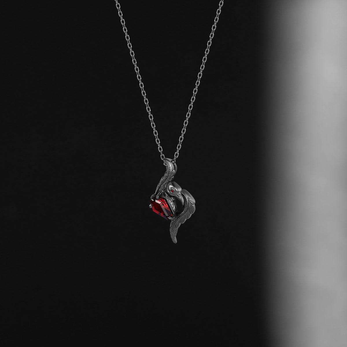The Raven - Gothic Style Coffin Cut Red Garnet Necklace with Feather Details