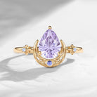 'Moonlit Embrace' - Firework Cut Pear Lab Lavender Sapphire Engagement Ring with Hollow Crescent Moon & Star Band
