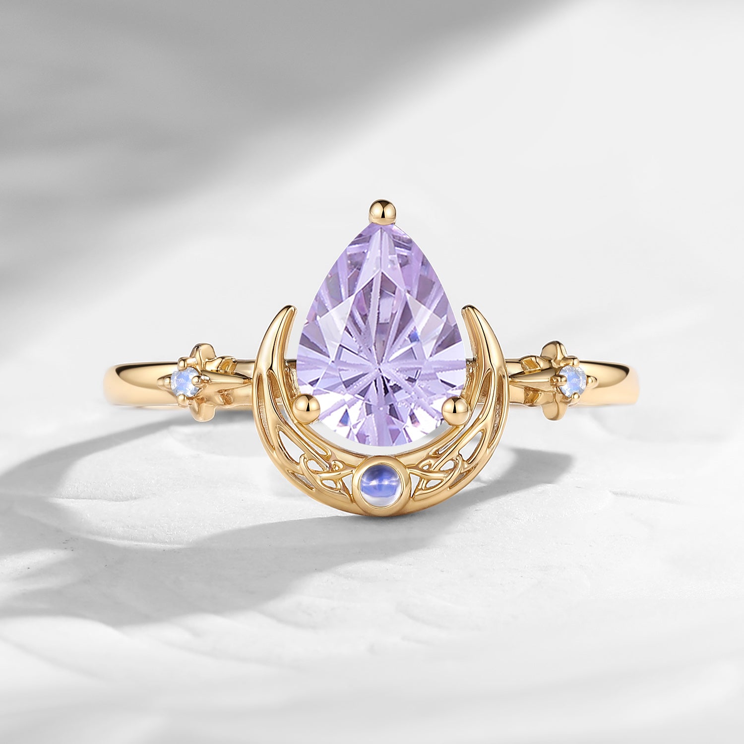 'Moonlit Embrace' - Firework Cut Pear Lab Lavender Sapphire Engagement Ring with Hollow Crescent Moon & Star Band