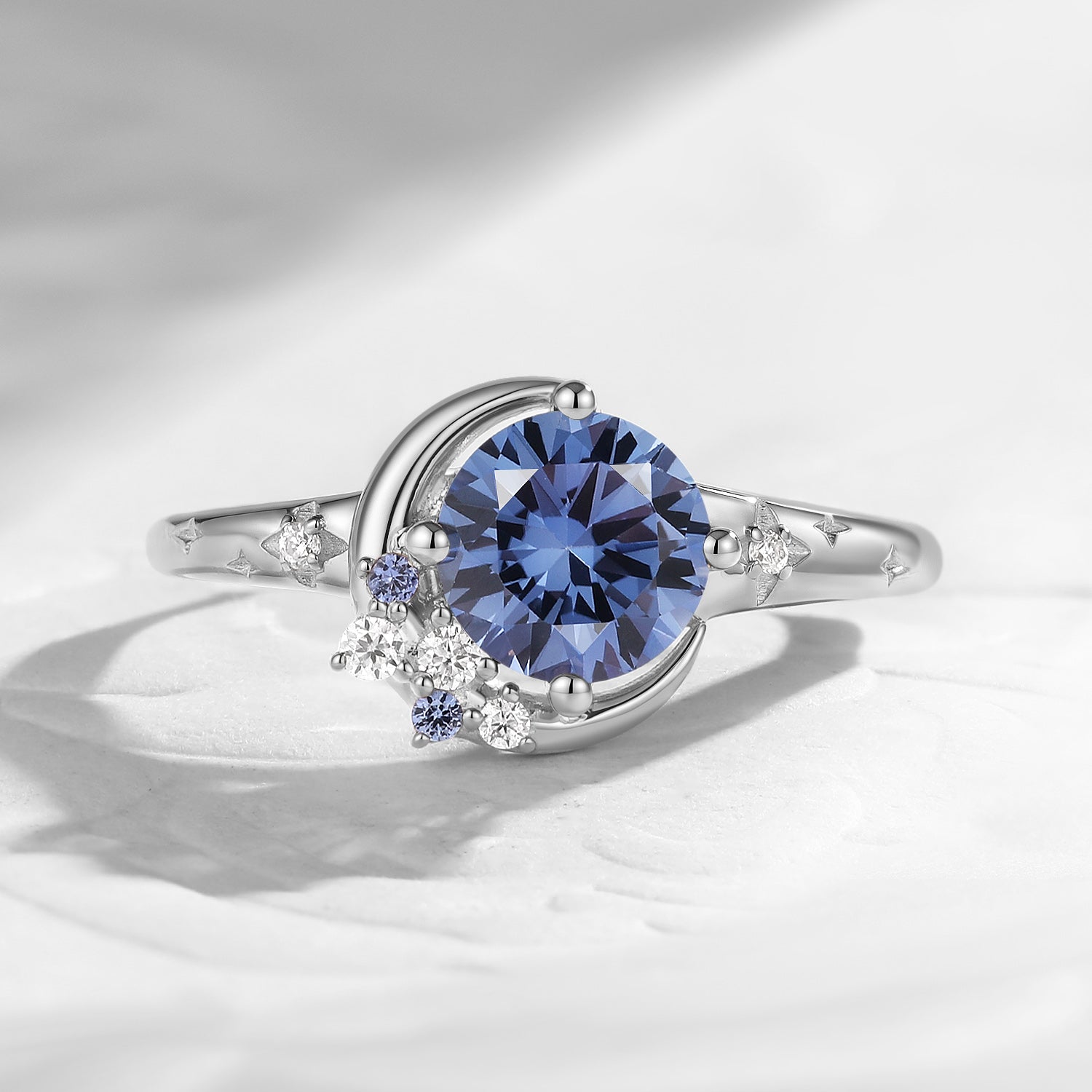 'Moonlit Embrace' - Round Cut Lab Sapphire Crescent Moon & Star Engagement Ring with Star Engraved Band