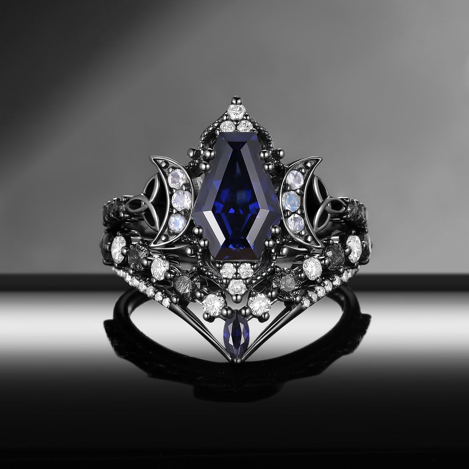 Celtic Moon - Gothic Coffin Cut Blue Lab Sapphire Crescent Moon Engagement Ring Set