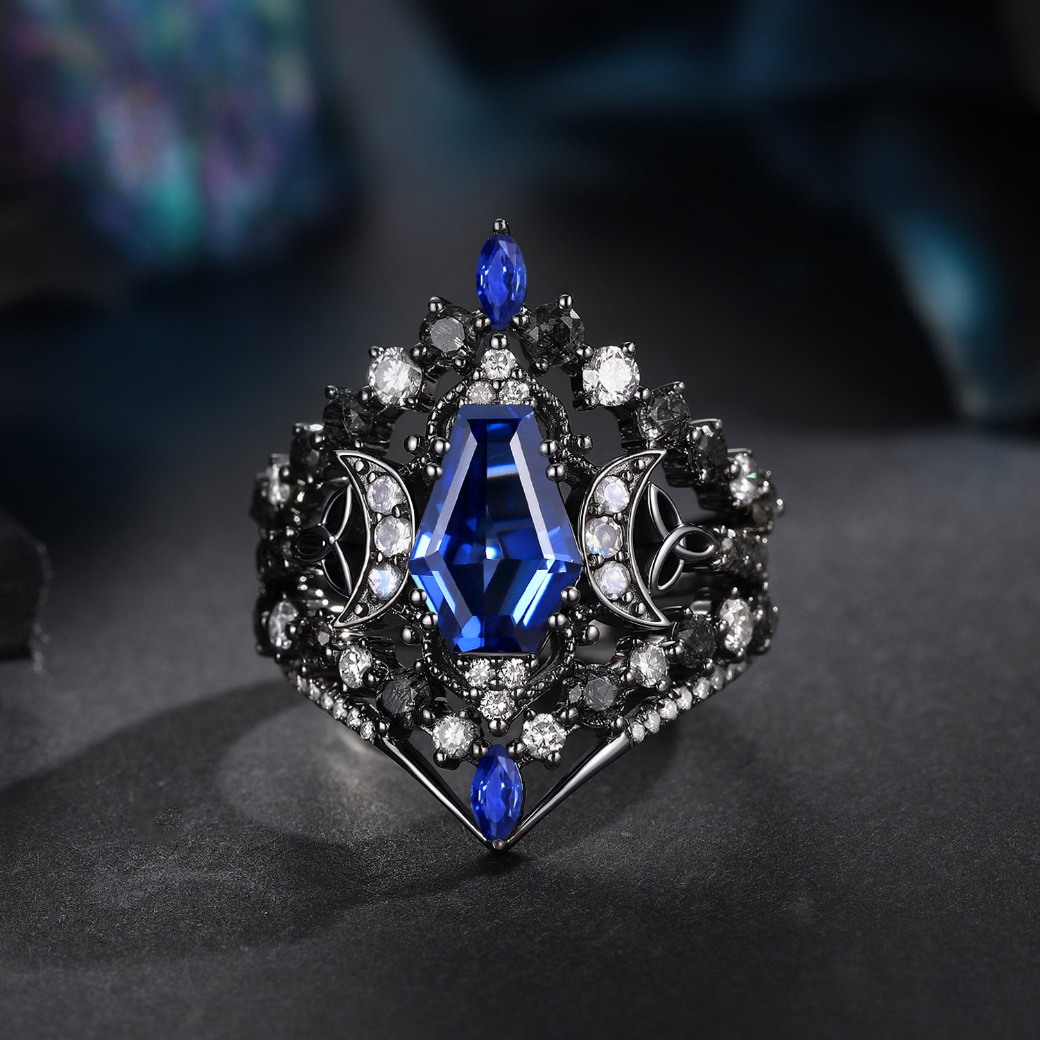 Celtic Moon - Gothic Coffin Cut Blue Lab Sapphire Infinity Moon Engagement Ring Set