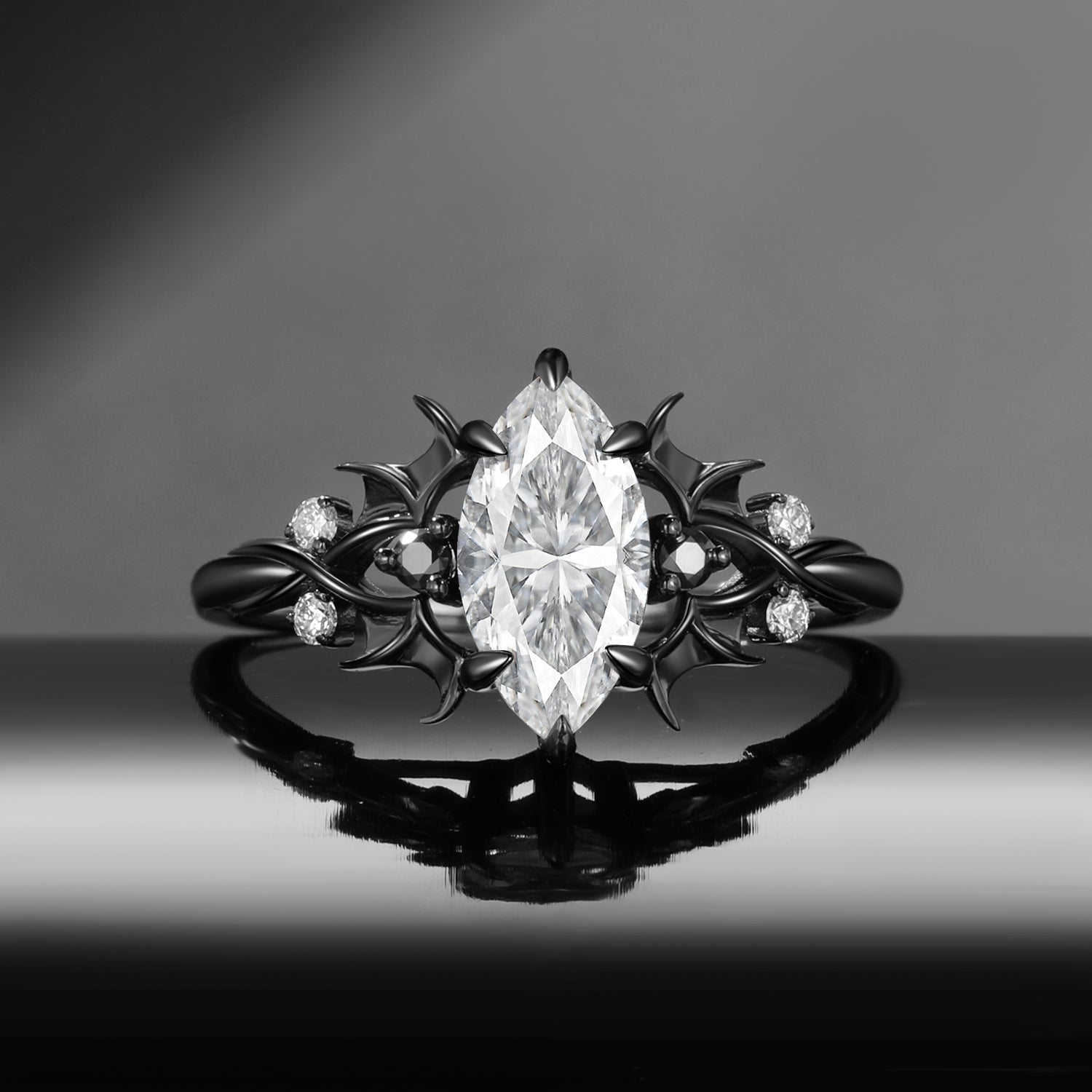 Gothic Inspired Marquise Moissanite Black Gold Infinity Engagement Ring - Night Court