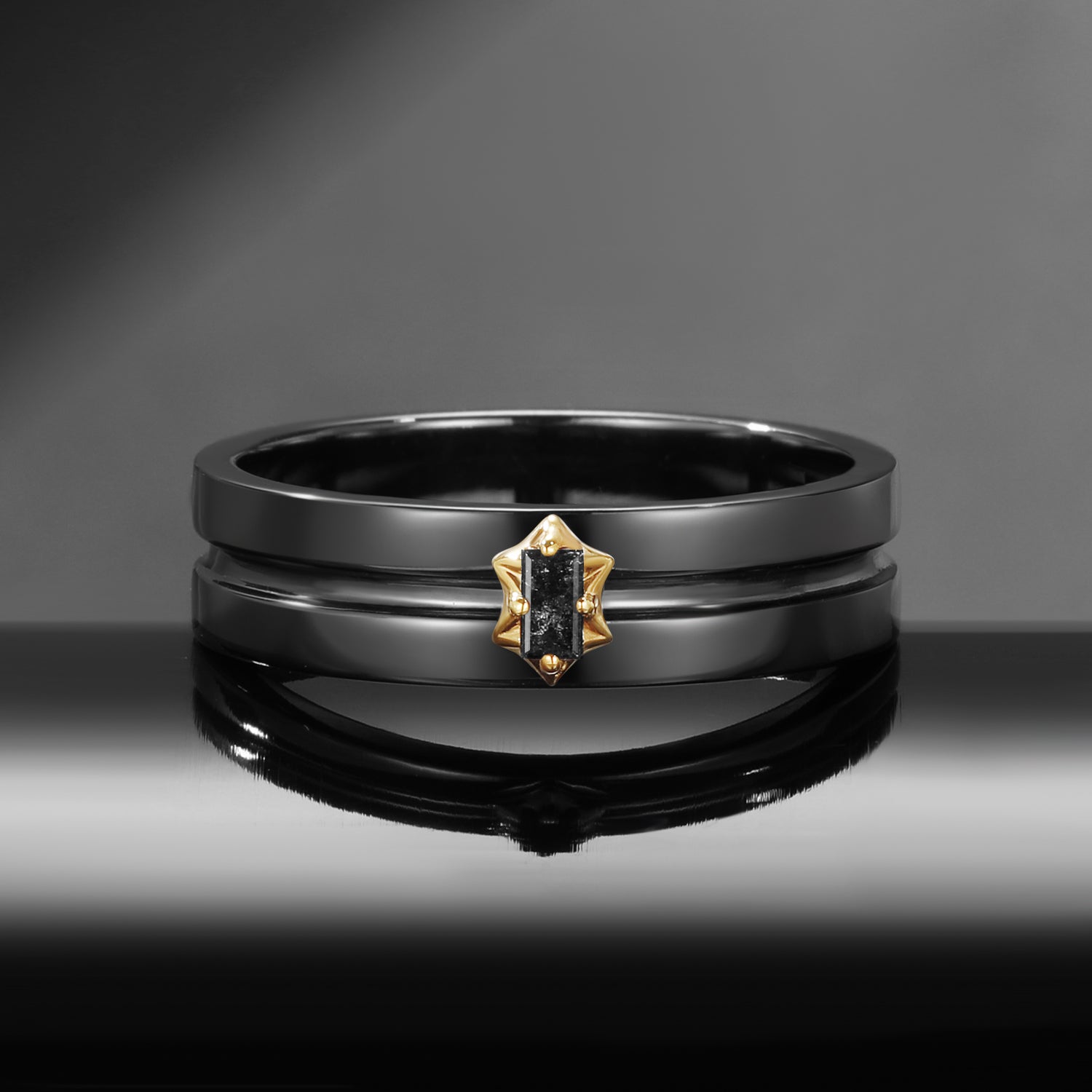 Unique Rectangular Cut Natural Salt & Pepper Diamond Classic Two-Tone Wedding Band