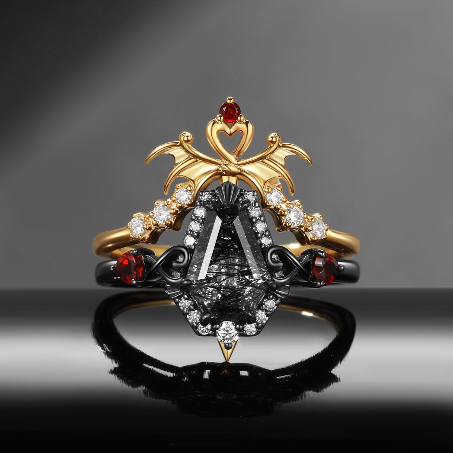 Gothic Bat Wing Inspired Coffin Black Rutilated Quartz Two-Tone Bridal Set 2pcs - "Dark Arrow of Love"