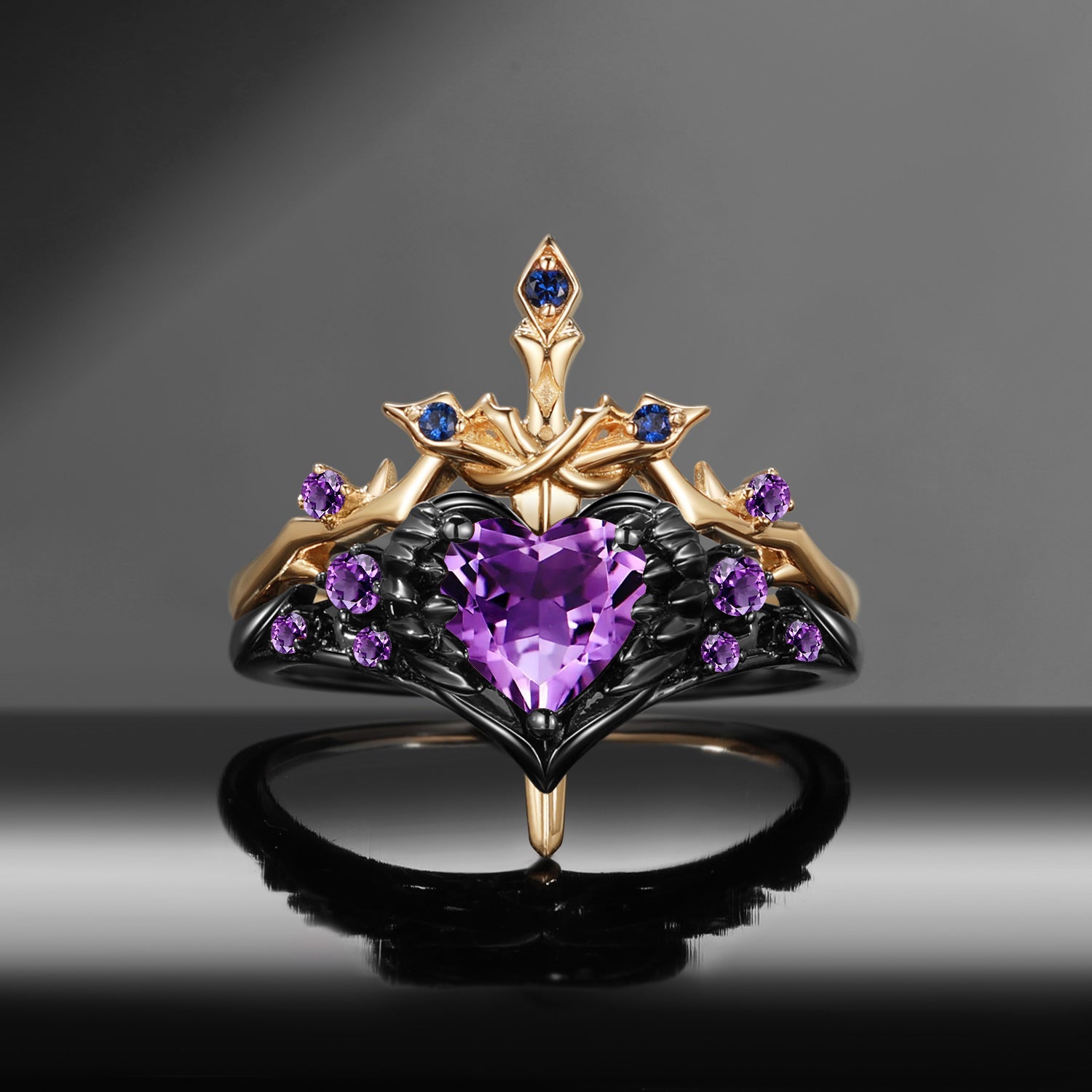 'Pierced Heart' - Gothic Inspired Natural Amethyst Heart Sword Ring Two-Tone Bridal Set