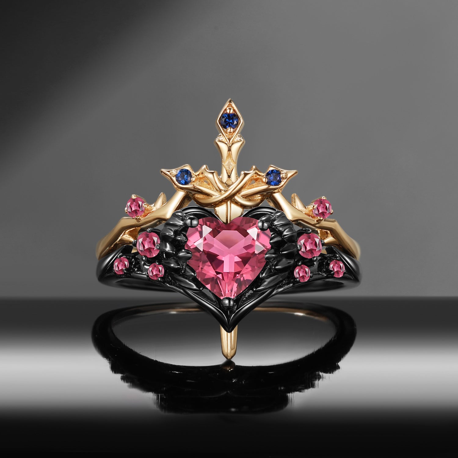 'Pierced Heart' - Gothic Inspired Natural Pink Tourmaline Heart Sword Ring Two-Tone Bridal Set