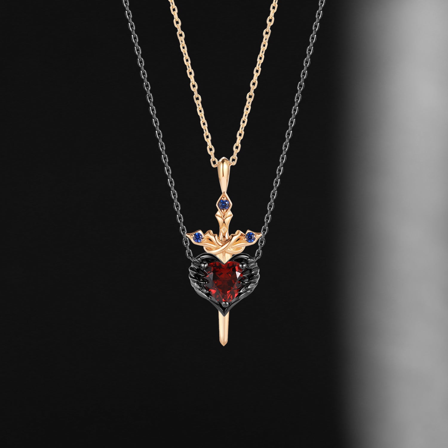 Gothic Style Heart Shaped Garnet Two-Tone Couple Necklaces Set 2pcs - 'Pierced Heart'