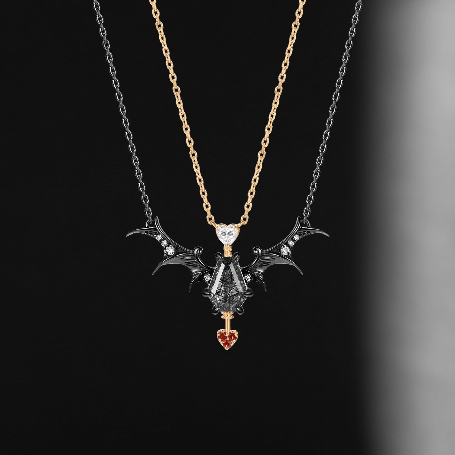 Gothic Style Coffin Black Rutilated Quartz Two-Tone Bat Wing Couple Necklaces Set 2pcs - 'Dark Arrow of Love'