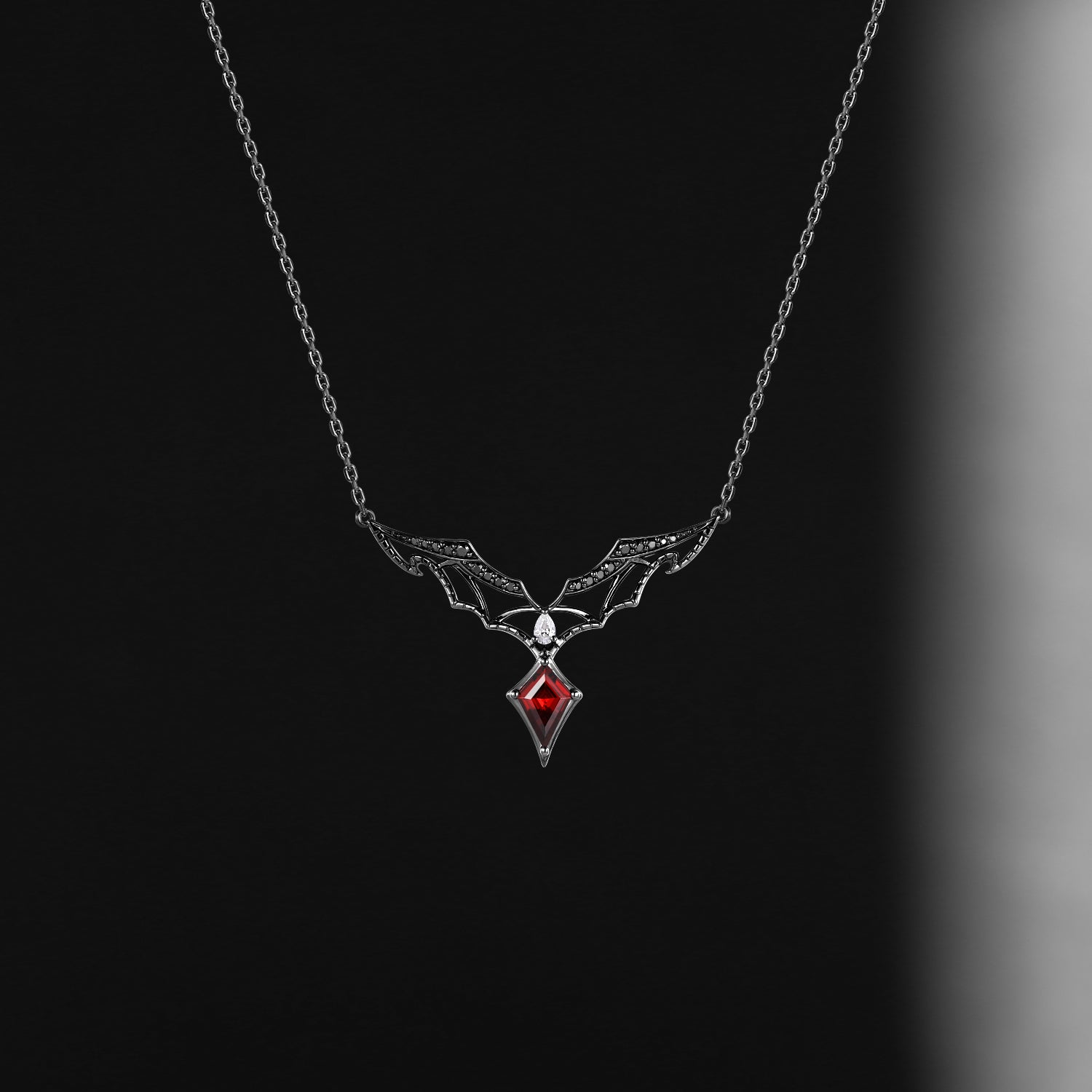 Unique Gothic Kite Cut Garnet Dark Elegance Bat Wing Necklace