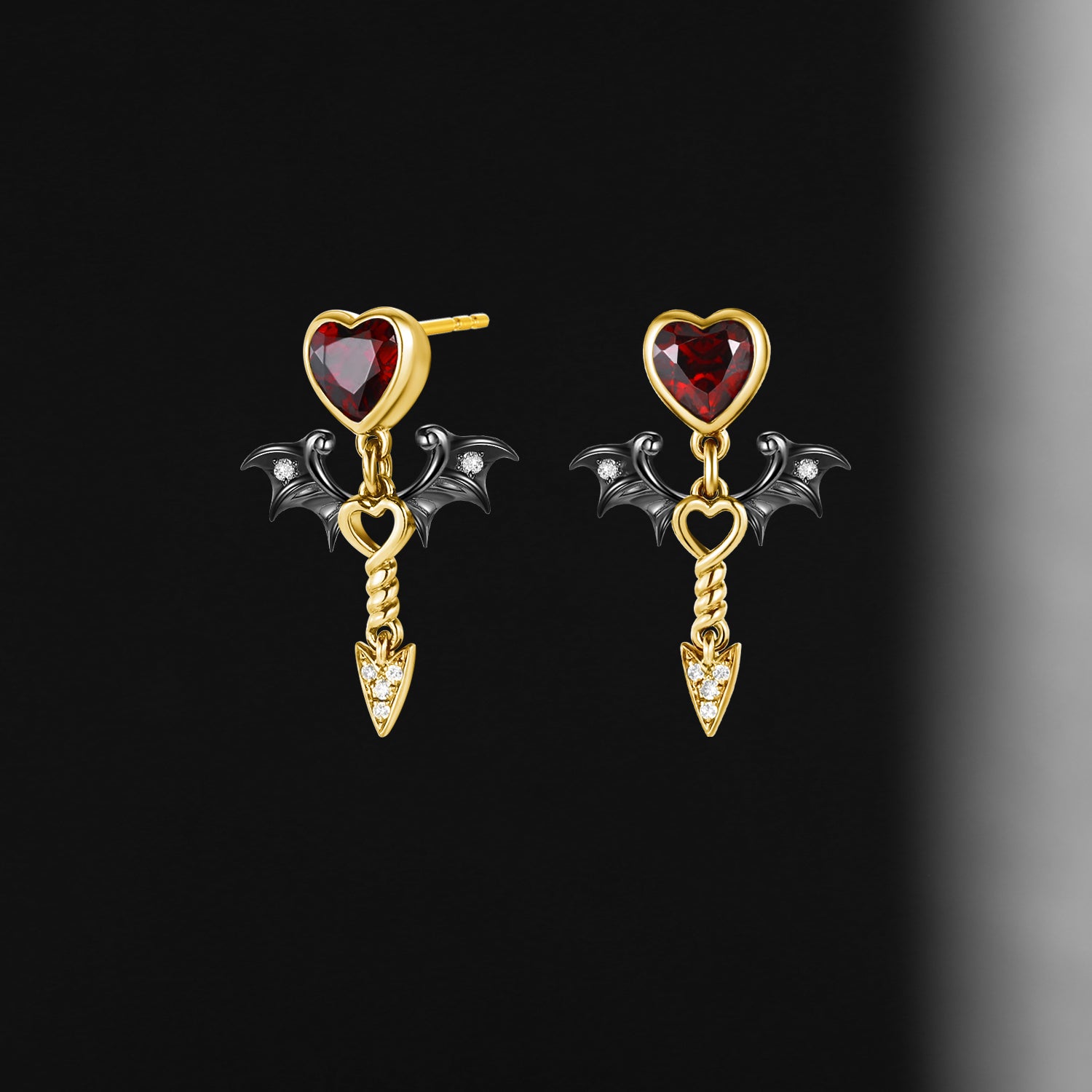 Gothic Bat Inspired Heart Shaped Garnet Earrings - Cupid's Arrow