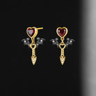Gothic Bat Inspired Heart Shaped Garnet Earrings - Cupid's Arrow