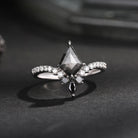 Art Deco Kite Cut Natural Salt & Pepper Diamond Engagement Ring – Chevron Band with Diamond Accents
