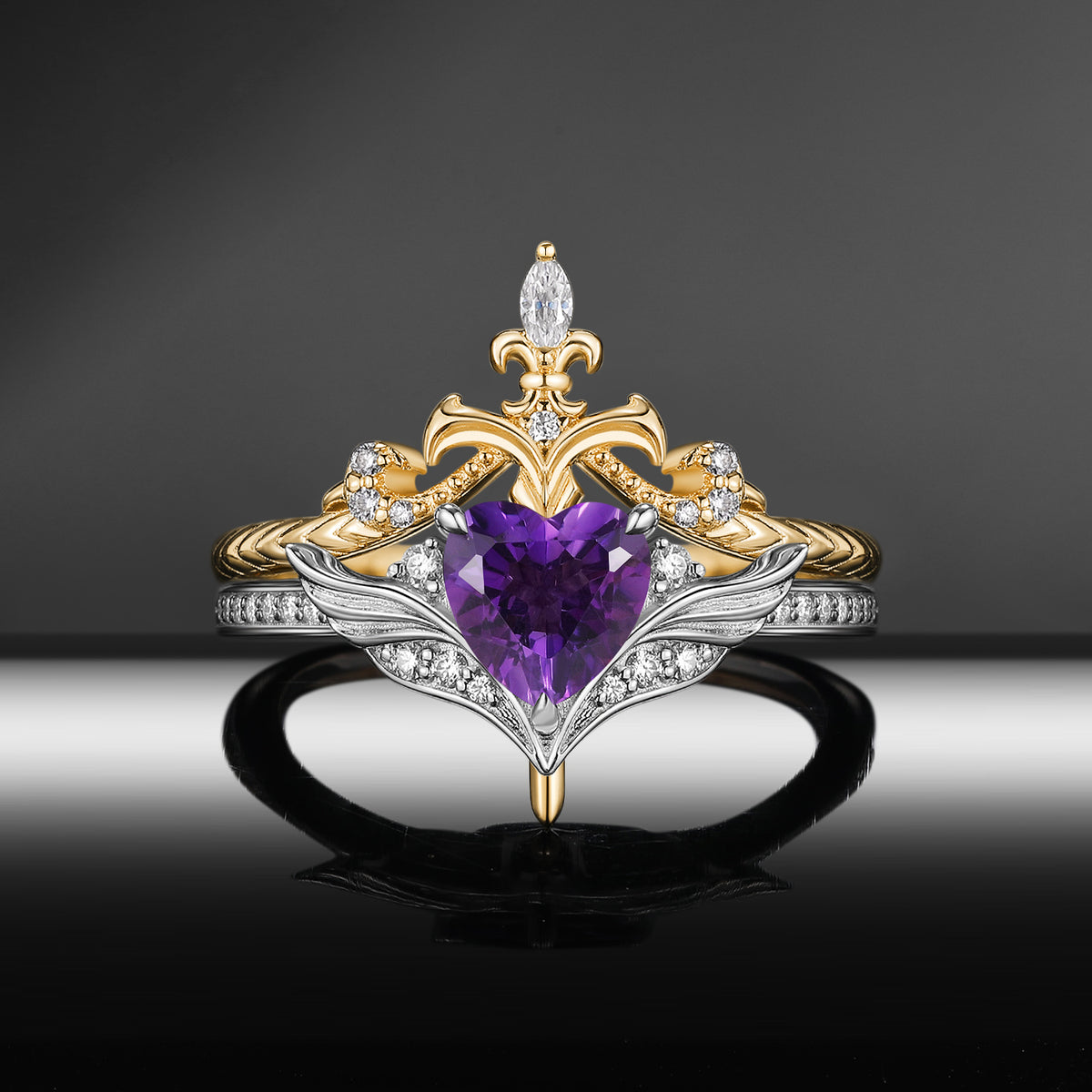 Heart & Sword - Gothic Heart Cut Purple Amethyst Two-Tone Engagement Ring Set with Wing-Inspired Band