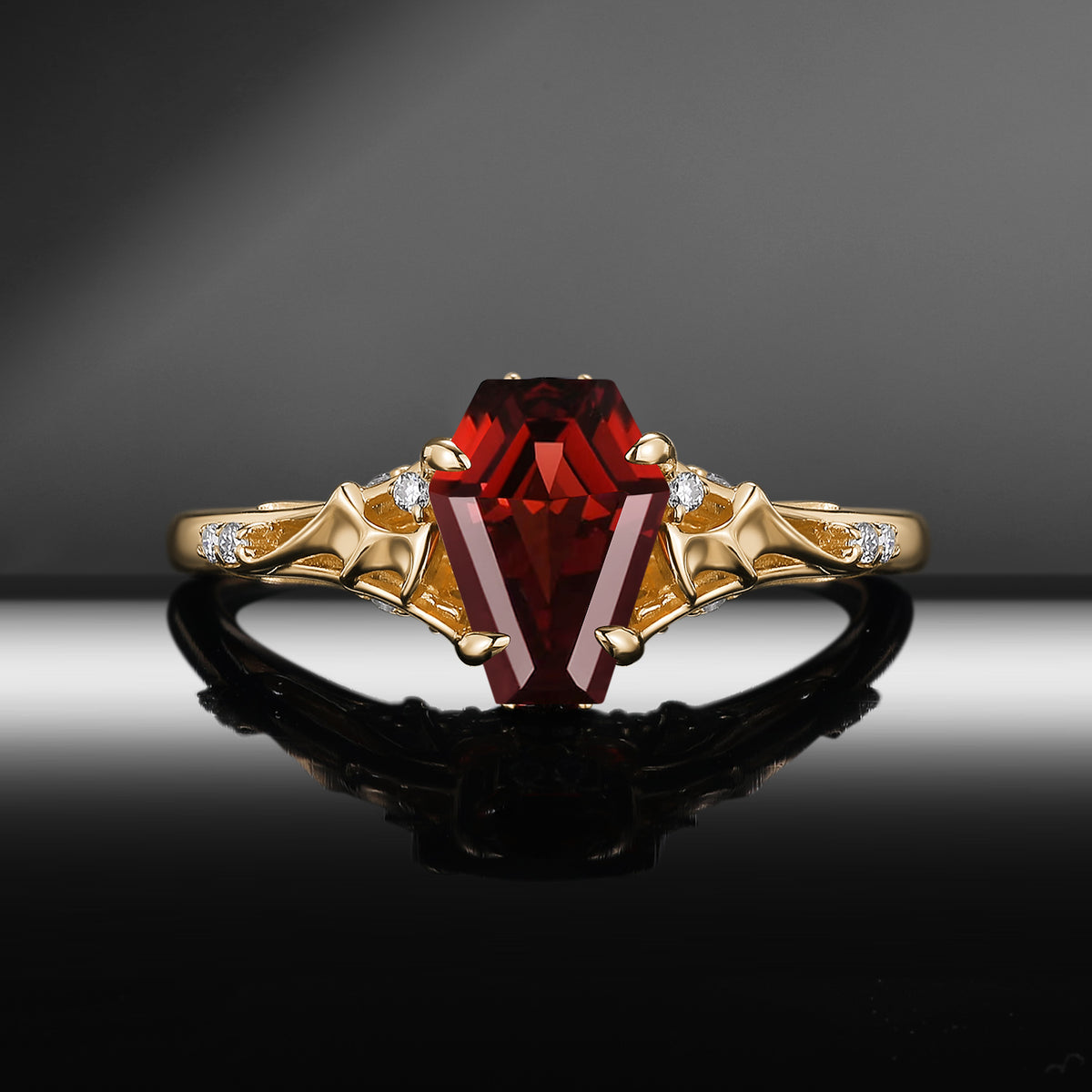Bat Ring - Gothic Coffin Cut Red Garnet Engagement Ring with Hidden Bat Gallery