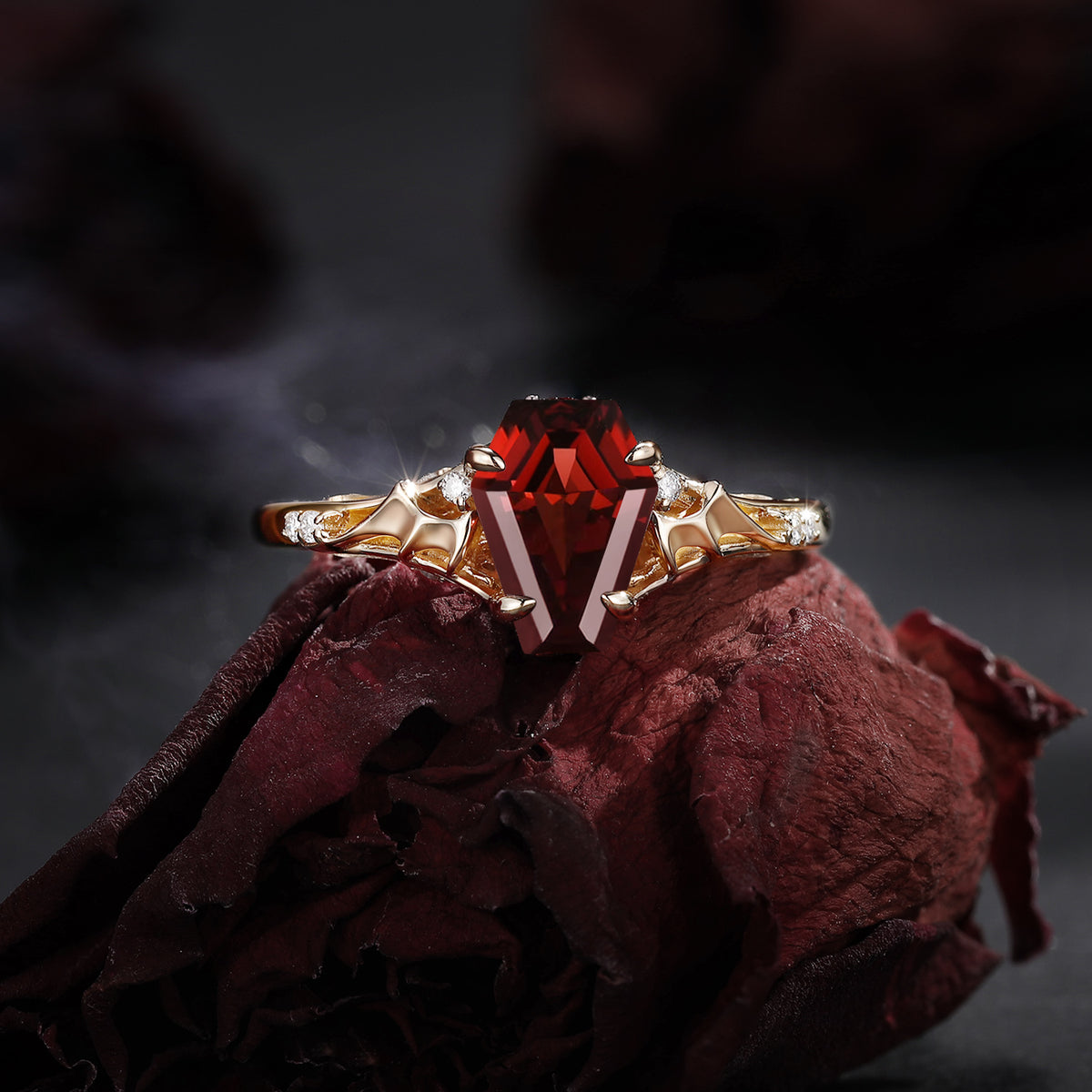 Bat Ring - Gothic Coffin Cut Red Garnet Engagement Ring with Hidden Bat Gallery