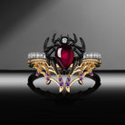 Spider Ring - Gothic Cabochon Pear Lab Ruby Two-Tone Engagement Ring Set with Openwork Spider Web Band