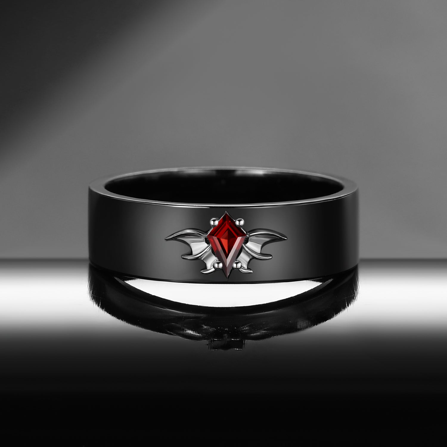 Gothic Bat Inspired Kite Cut Garnet Black Gold Wedding Band