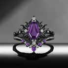 'Angel in Disguise' - Gothic Coffin Cut Natural Amethyst Vintage Bat Engagement Ring Set with Bat Wing Detailing