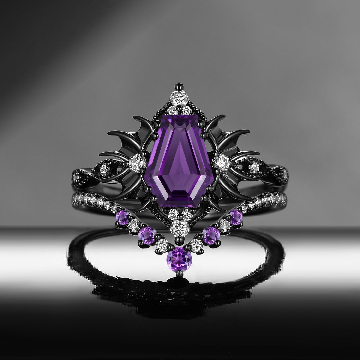 'Angel in Disguise' - Gothic Coffin Cut Natural Amethyst Vintage Bat Engagement Ring Set with Bat Wing Detailing