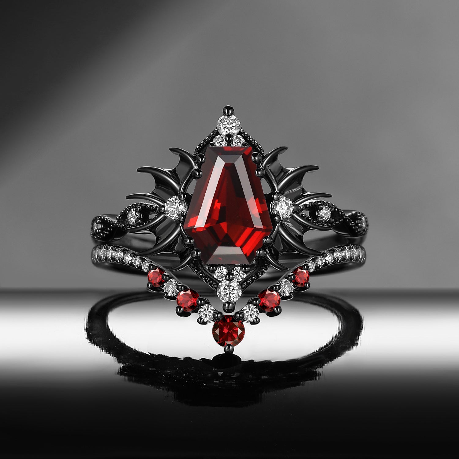 'Angel in Disguise' - Gothic Coffin Cut Red Garnet Vintage Bat Engagement Ring Set with Bat Wing Detailing