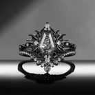'Angel in Disguise' - Gothic Coffin Black Rutilated Quartz Vintage Bat Engagement Ring Set with Bat Wing Detailing
