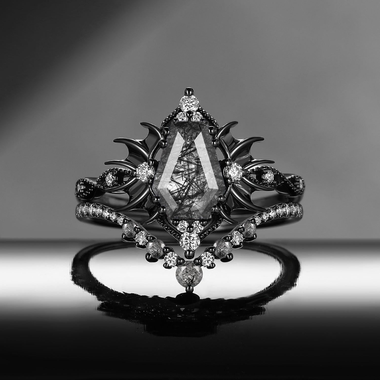 'Angel in Disguise' - Gothic Coffin Black Rutilated Quartz Vintage Bat Engagement Ring Set with Bat Wing Detailing