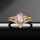 Celtic Moon - Art Deco Long Hexagon Amethyst Crescent Moon Engagement Ring Set with Openwork Setting