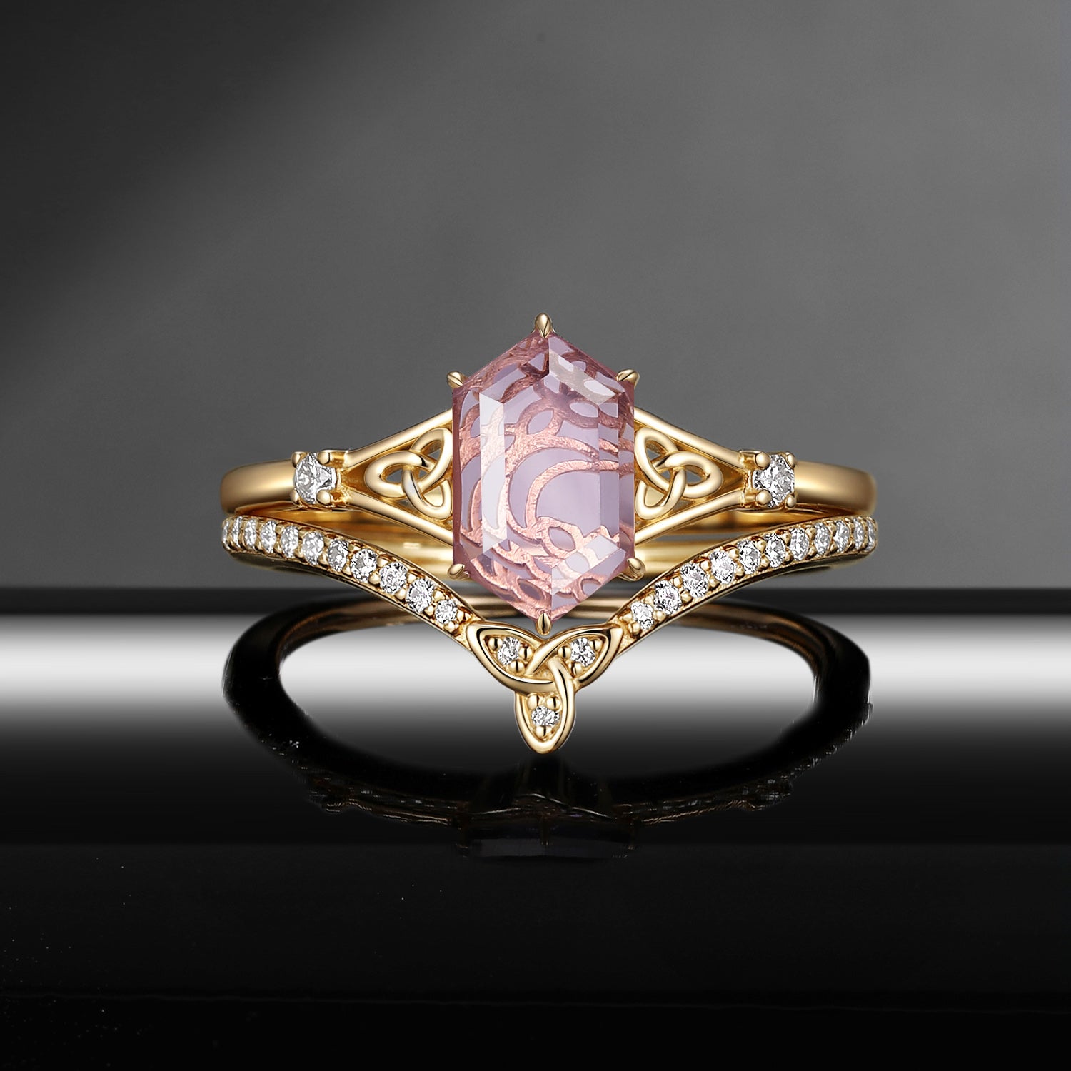 Celtic Moon - Art Deco Long Hexagon Amethyst Crescent Moon Engagement Ring Set with Openwork Setting
