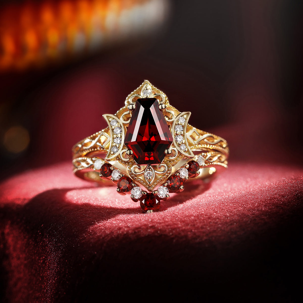 Crescent Moon - Vintage Filigree Coffin Cut Red Garnet Engagement Ring Set with Milgrain Band