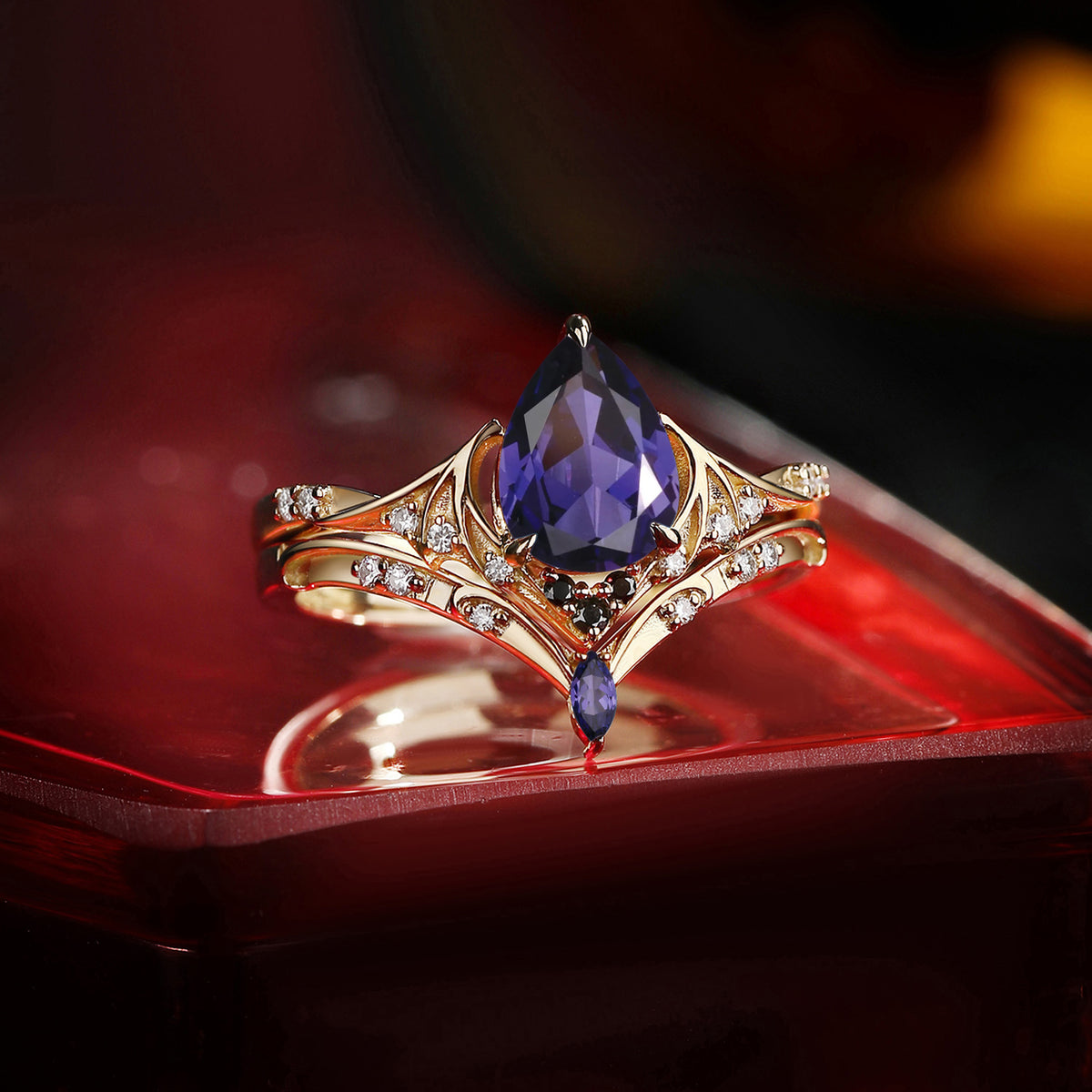Bat Ring - Gothic Pear Cut Lab Purple Sapphire Alternative Bridal Ring Set with Bat Wing Band