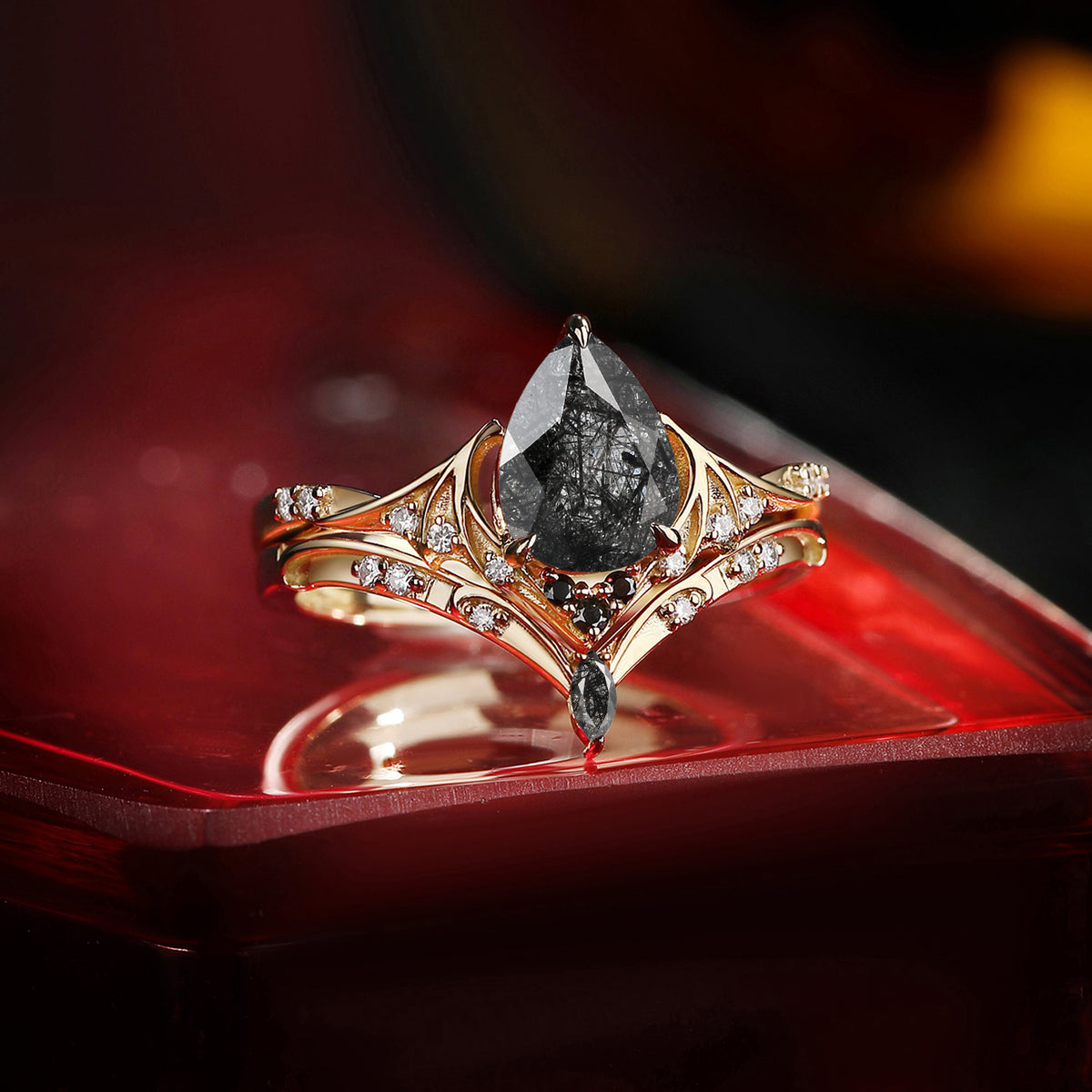 Bat Ring - Gothic Pear Cut Black Rutilated Quartz Alternative Bridal Ring Set with Bat Wing Band