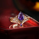 Bat Ring - Gothic Pear Cut Natural Amethyst Alternative Bridal Ring Set with Bat Wing Band