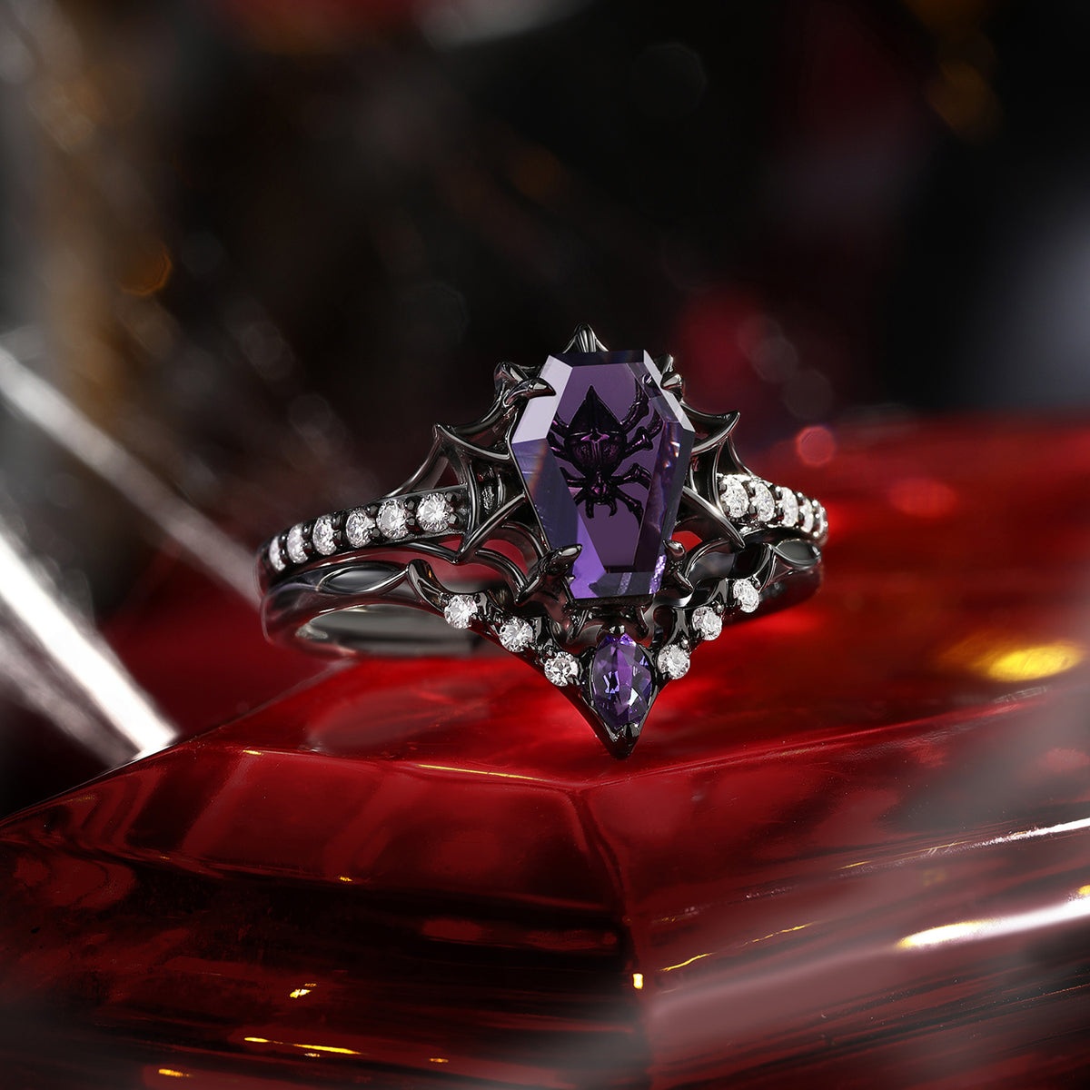 Spider Ring – Gothic Coffin Cut Amethyst Ring Set with See-Through Open Gallery Setting