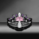 Tree of Life – Nature Inspired Half Moon Lab Pink Sapphire & Coffin Moissanite Mushroom Engagement Ring Set
