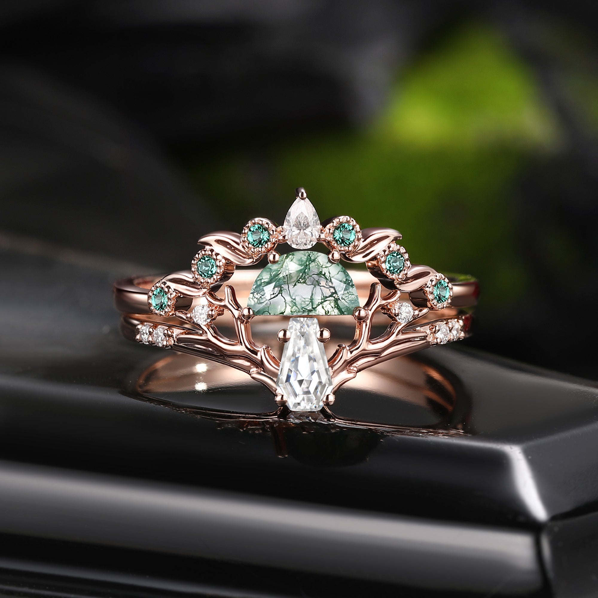 Half Moon Moss Agate + Coffin Cut Moissanite 'Tree of Life' Mushroom Engagement Ring Set 2pcs