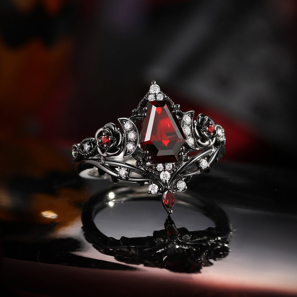 Thorns & Roses - Gothic Coffin Red Garnet Flower Bridal Set with Rose Band