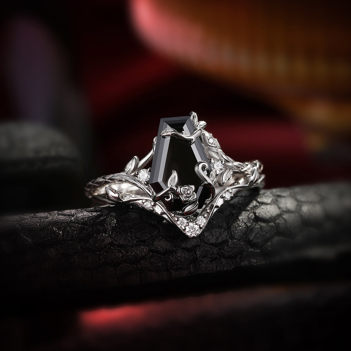 'Serpent's Bloom' - Gothic Coffin Cut Black Moissanite Snake Ring Set with Rose Detailing