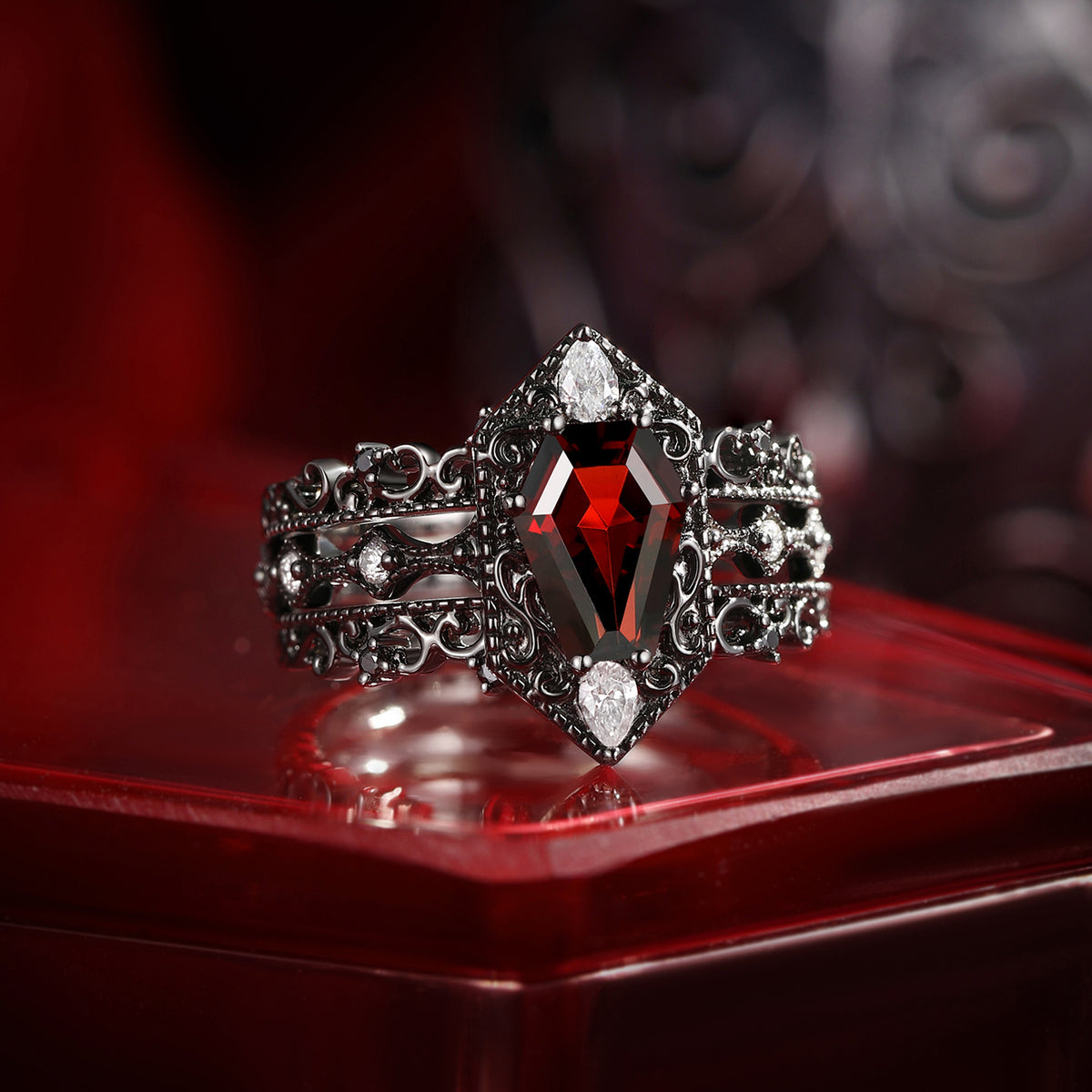 Fallen Aegis 'Temptation' — Gothic Coffin Cut Red Garnet Vampire Engagement Ring Set with Vintage Filigree Band