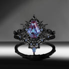 'Bat Romance' - Gothic Coffin Cut Lab Alexandrite Milgrain Engagement Ring Set in Black Gold