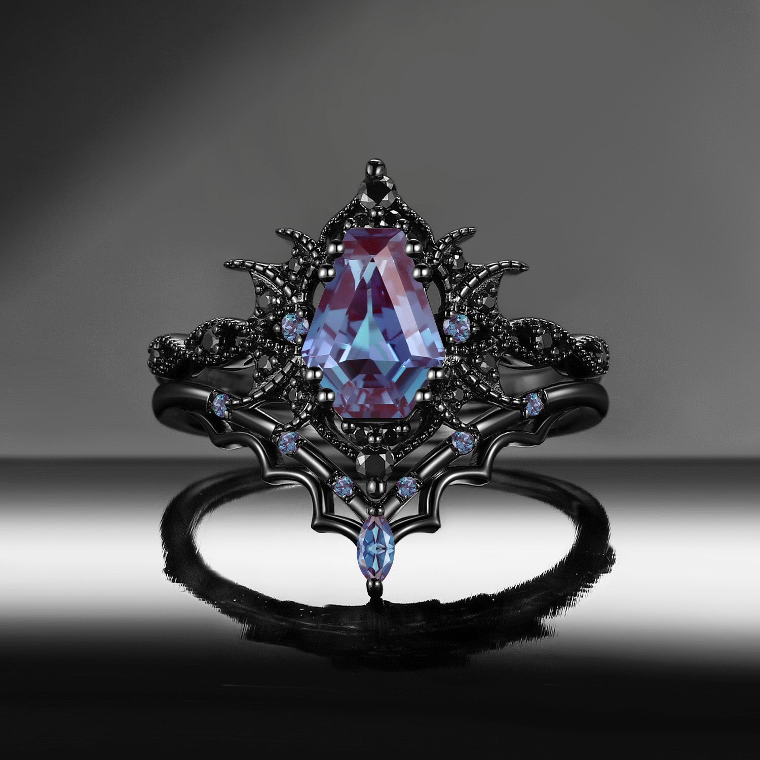 'Bat Romance' - Gothic Coffin Cut Lab Alexandrite Milgrain Engagement Ring Set in Black Gold