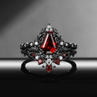 Thorns & Roses - Gothic Coffin Cut Red Garnet Flower Engagement Ring Set with Thorn-inspired Band