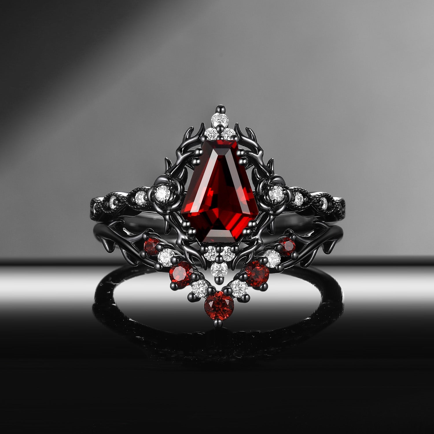 Thorns & Roses - Gothic Coffin Cut Red Garnet Flower Engagement Ring Set with Thorn-inspired Band
