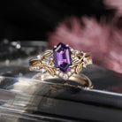Celtic Calendar - 1.21-2.17 - Nature Inspired Long Hexagon Amethyst Celtic Ring Set with Rowan Leafy Inspired Band