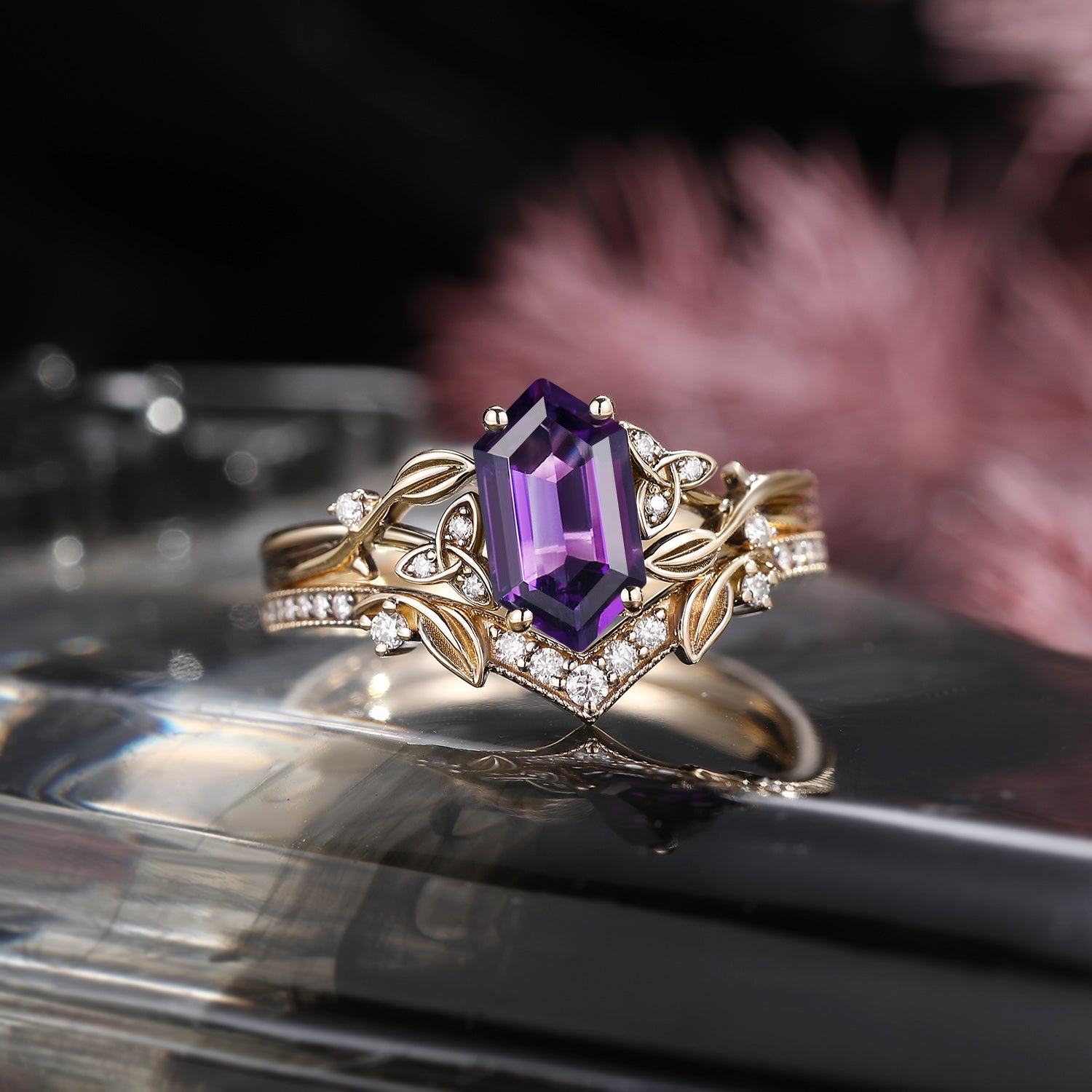 Celtic Calendar - 1.21-2.17 - Nature Inspired Long Hexagon Amethyst Celtic Ring Set with Rowan Leafy Inspired Band