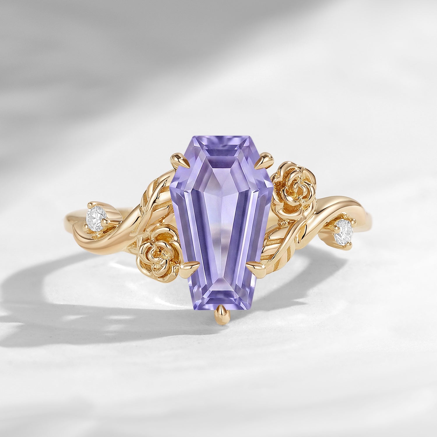 'A Rose Is A Rose Is A Rose' - Nature Inspired Coffin Lab Lavender Sapphire Romantic Rose Flower Engagement Ring with Rose-inspired Band