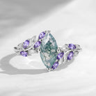 Nature Inspired Marquise Cut Moss Agate Engagement Ring with Milgrain Leaf Details