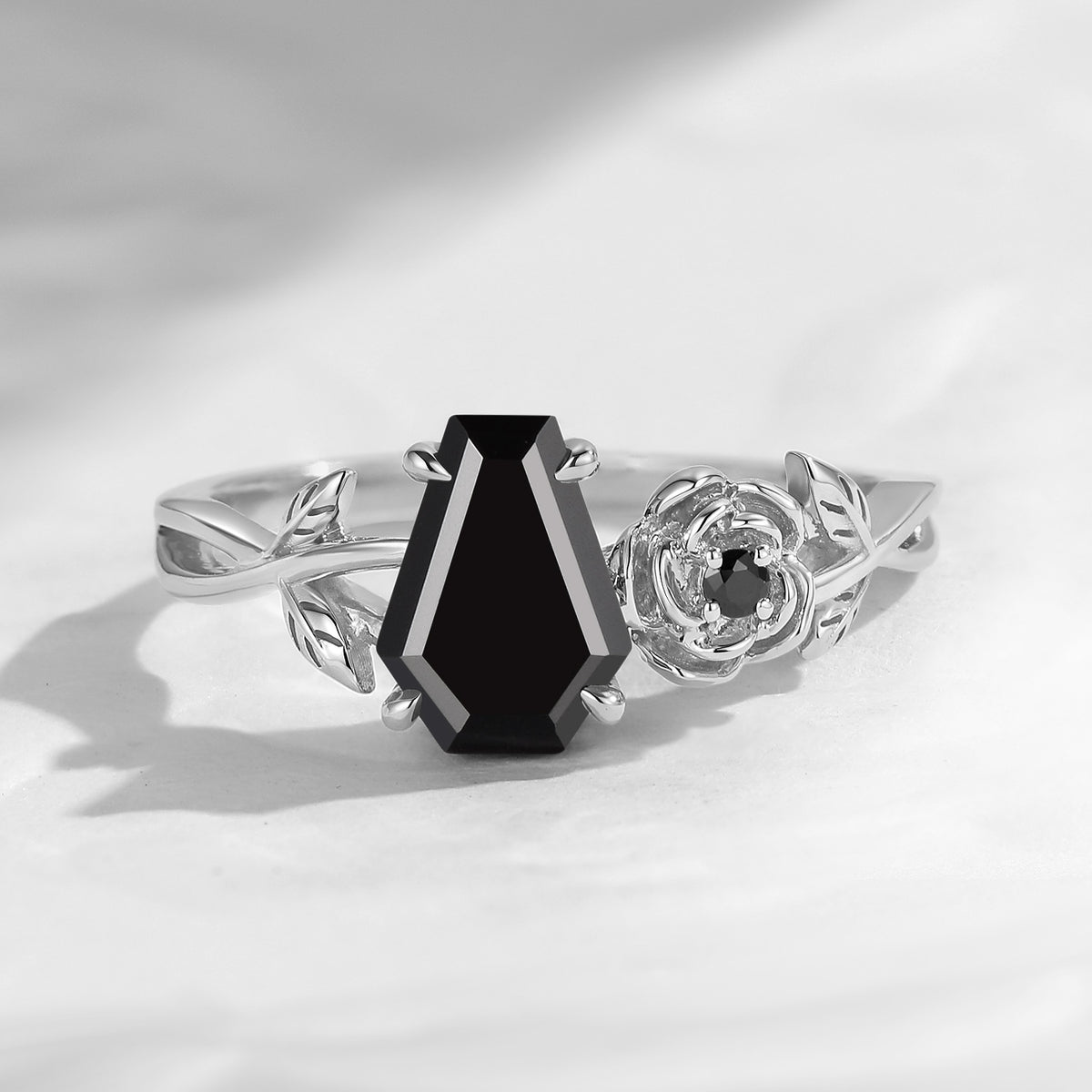 'Toi et Moi' - Nature Inspired Coffin Cut Black Moissanite Romantic Rose Flower Engagement Ring with Twisted Vine Band